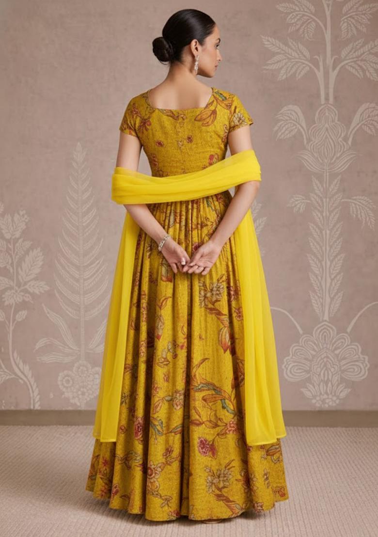 Mustard Yellow Floral Print Tissue Anarkali With Dupatta - Indya