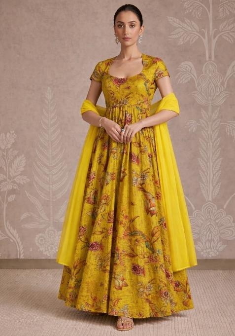 Mustard Yellow Floral Print Tissue Anarkali With Dupatta