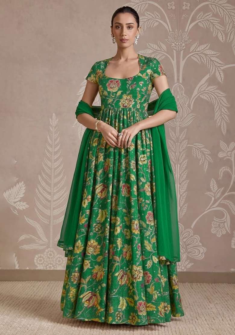 Dark Green Floral Print Tissue Anarkali With Dupatta - Indya