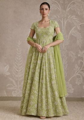 Pistachio Green Embroidered Tissue Anarkali With Dupatta
