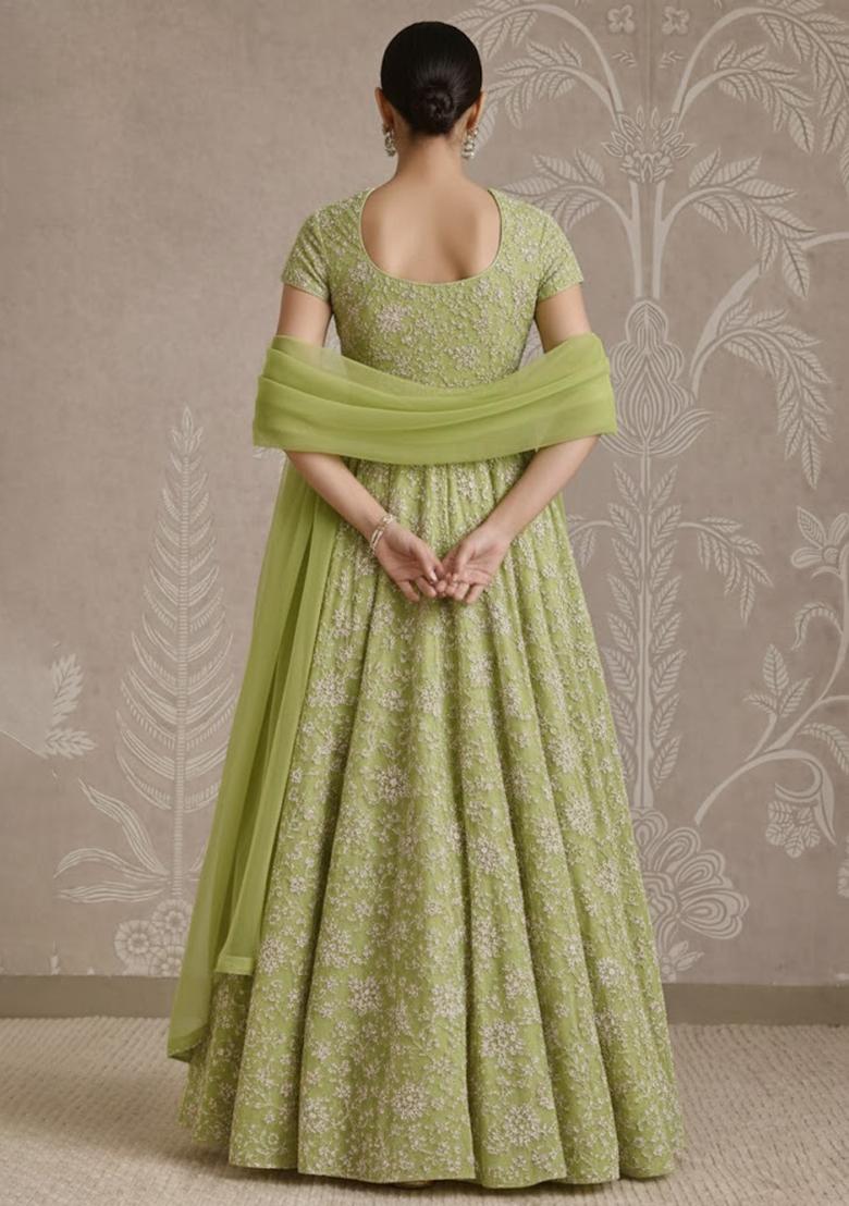 Pistachio Green Embroidered Tissue Anarkali With Dupatta - Indya