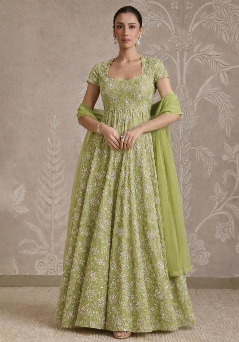 Pistachio Green Embroidered Tissue Anarkali With Dupatta