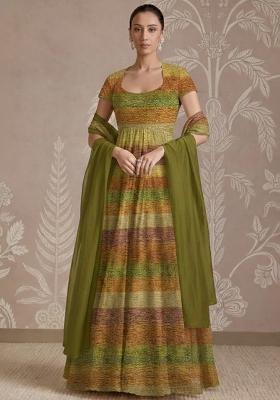 Olive Green Printed Tissue Anarkali With Dupatta