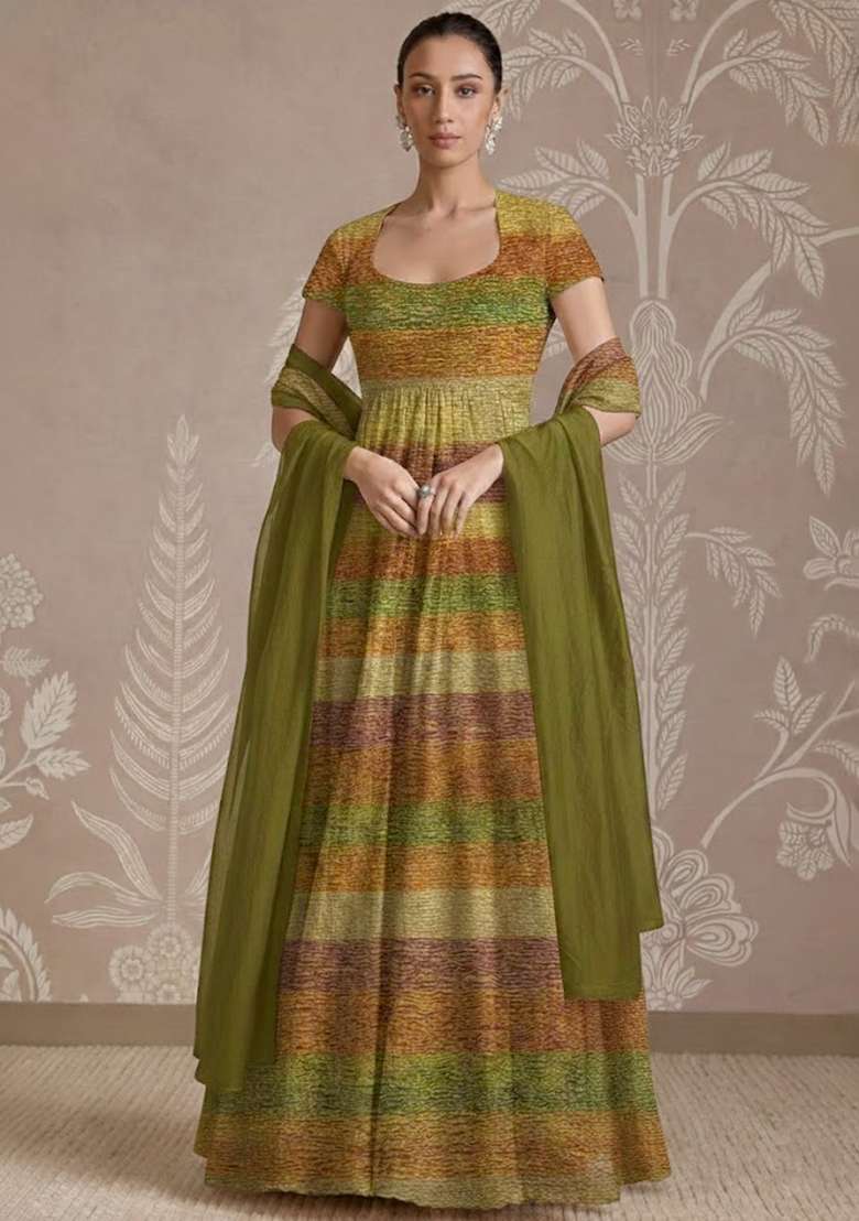 Olive Green Printed Tissue Anarkali With Dupatta - Indya