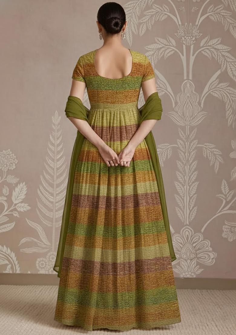 Olive Green Printed Tissue Anarkali With Dupatta - Indya