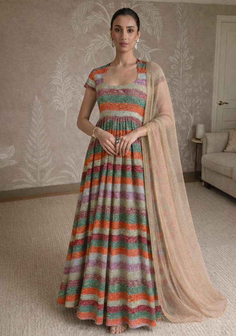 Multicolor Printed Tissue Anarkali With Dupatta - Indya
