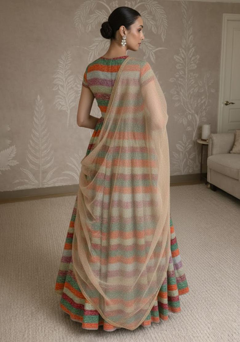 Multicolor Printed Tissue Anarkali With Dupatta - Indya