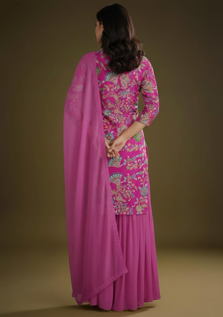 Rani Pink Embroidered Crepe Sharara Set - Indya