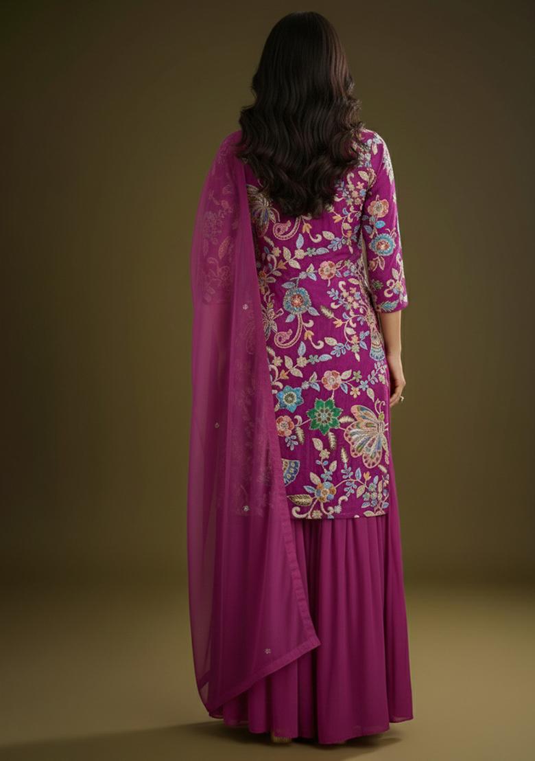 Rani Pink Embroidered Crepe Sharara Set - Indya