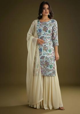 Ivory Embroidered Crepe Sharara Set