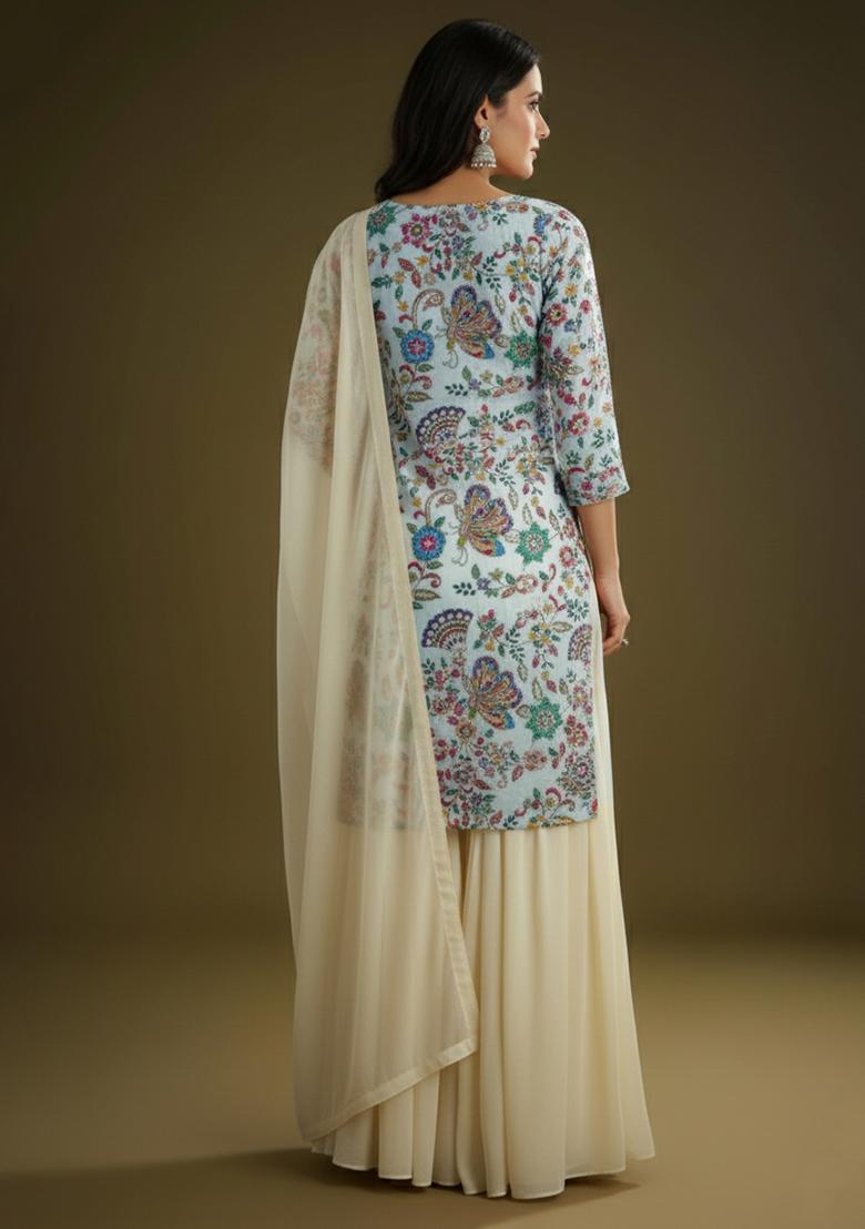 Ivory Embroidered Crepe Sharara Set - Indya