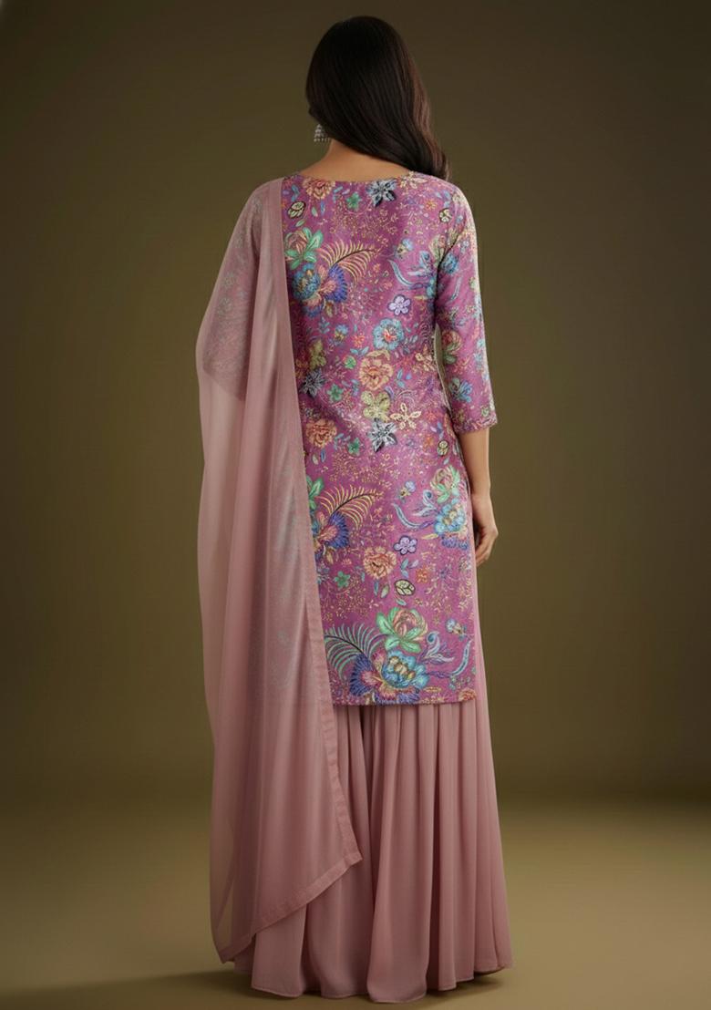 Dusty Mauve Floral Print Chinon Sharara Set - Indya