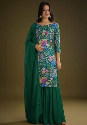 Bottle Green Floral Print Chinon Sharara Set