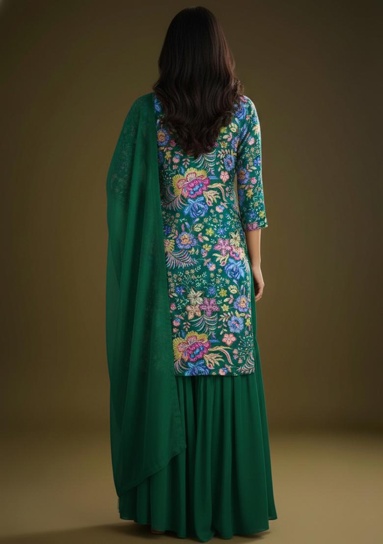 Bottle Green Floral Print Chinon Sharara Set - Indya