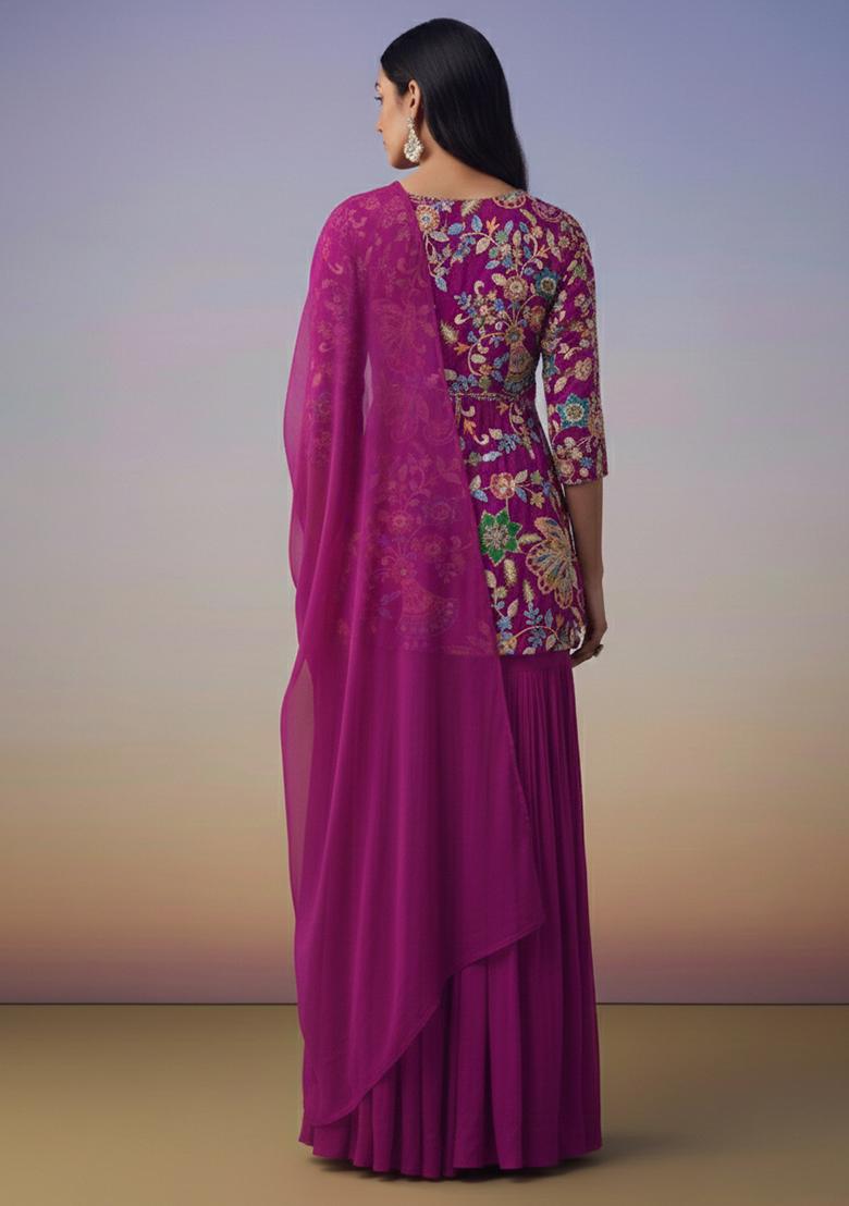 Rani Pink Embroidered Crepe Sharara Set - Indya