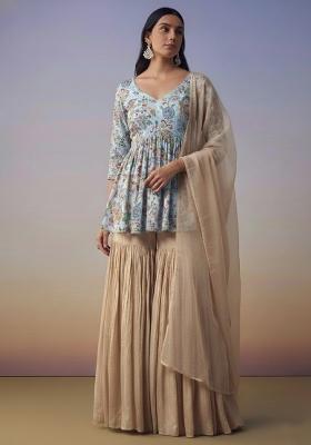 Beige Embroidered Crepe Sharara Set