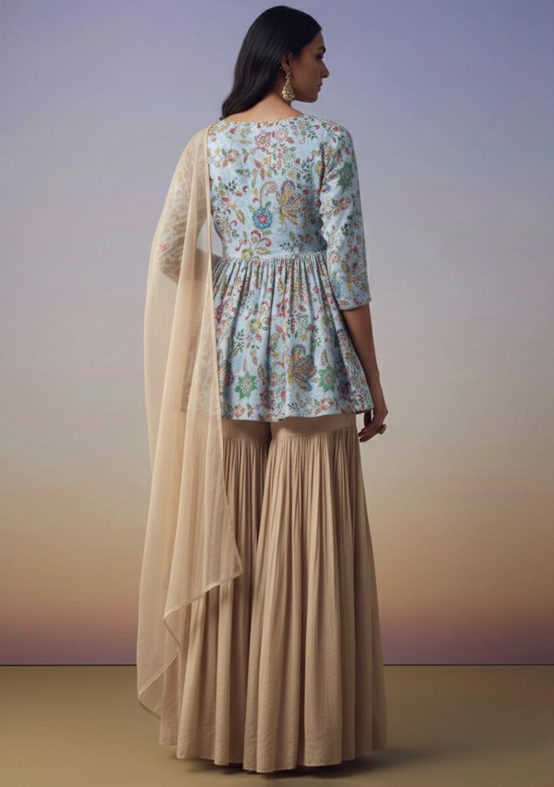 Beige Embroidered Crepe Sharara Set - Indya