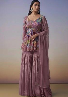 Dusty Mauve Floral Print Chinon Sharara Set
