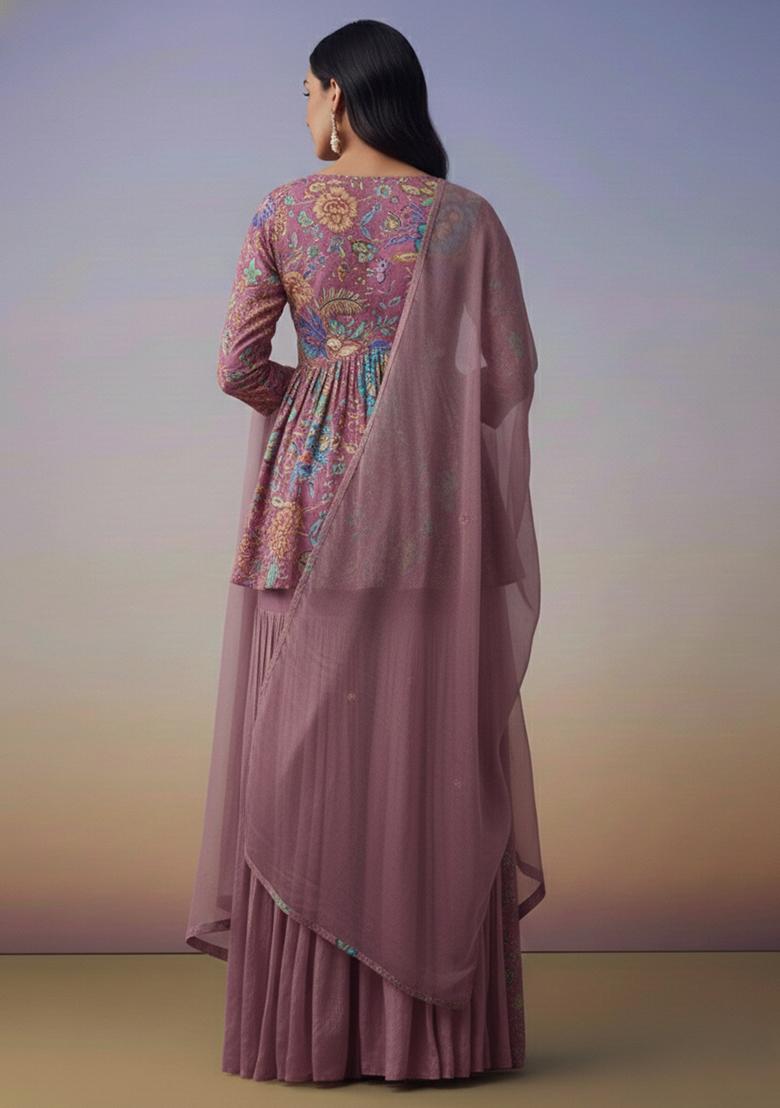 Dusty Mauve Floral Print Chinon Sharara Set - Indya