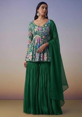 Dark Green Floral Print Chinon Sharara Set