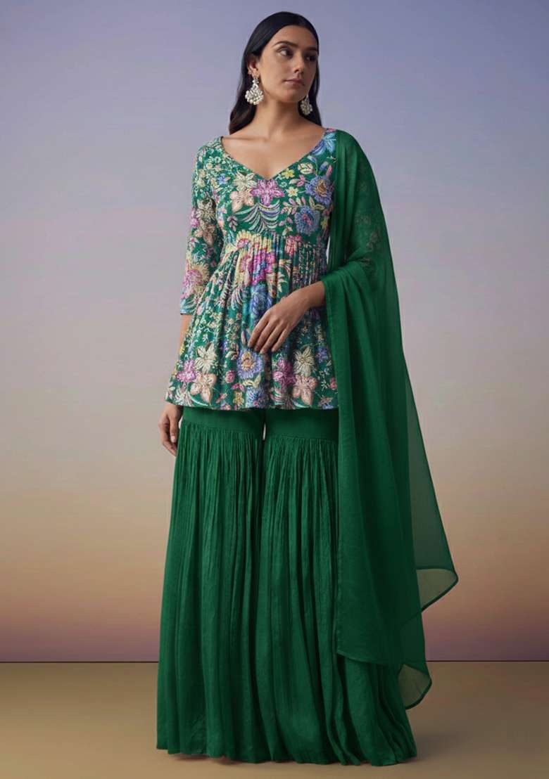Dark Green Floral Print Chinon Sharara Set - Indya