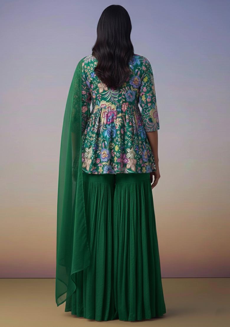 Dark Green Floral Print Chinon Sharara Set - Indya