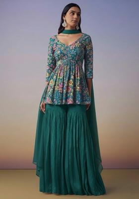 Bottle Green Floral Print Chinon Sharara Set
