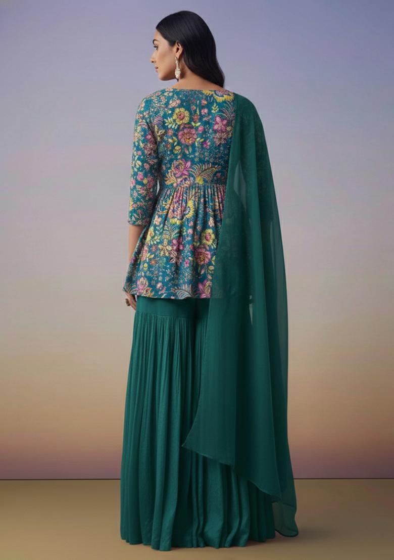 Bottle Green Floral Print Chinon Sharara Set - Indya