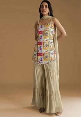 Beige Figure Print Chinon Sharara Set