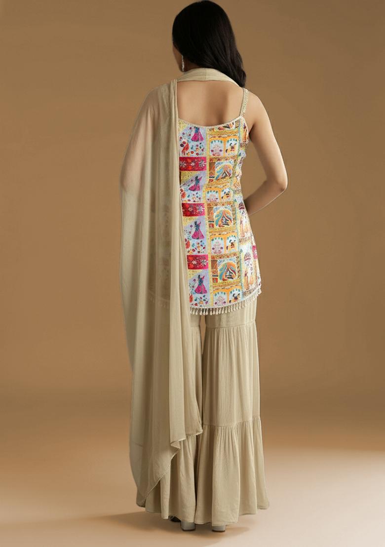 Beige Figure Print Chinon Sharara Set - Indya