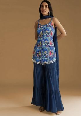 Navy Blue Figure Print Chinon Sharara Set