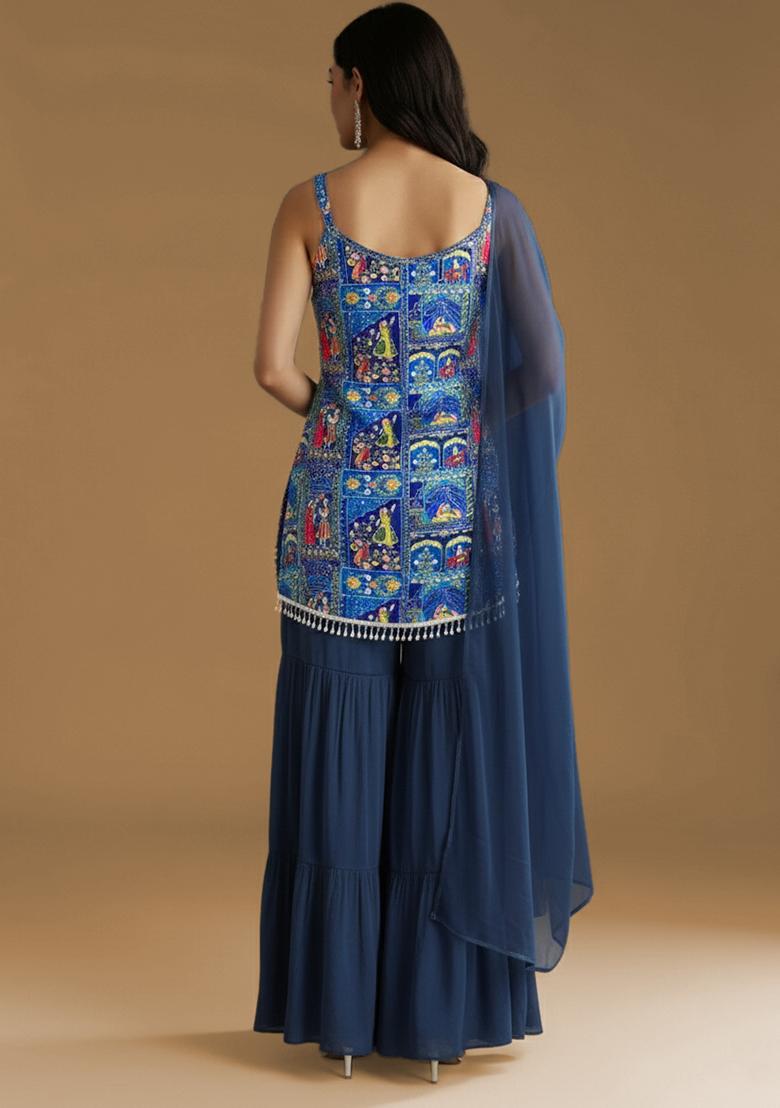 Navy Blue Figure Print Chinon Sharara Set - Indya