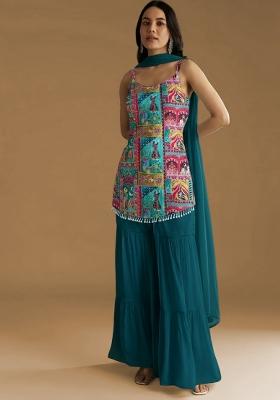 Teal Blue Figure Print Chinon Sharara Set
