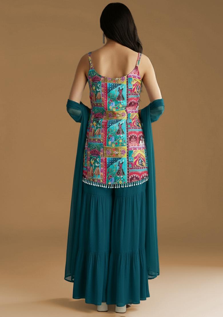Teal Blue Figure Print Chinon Sharara Set - Indya
