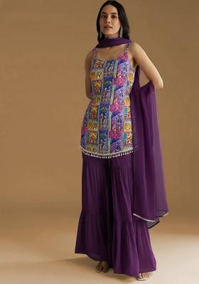 Purple Figure Print Chinon Sharara Set