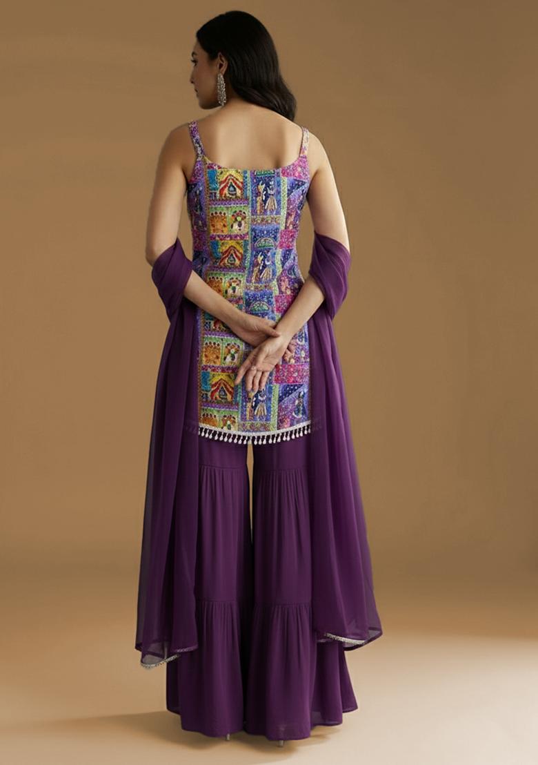 Purple Figure Print Chinon Sharara Set - Indya