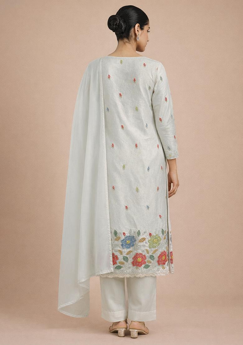 White Embroidered Tissue Kurta Set - Indya