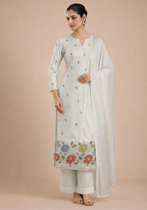 White Embroidered Tissue Straight Kurta Set