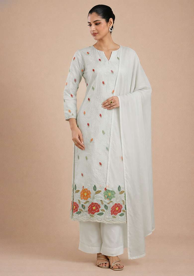 White Embroidered Tissue Straight Kurta Set - Indya