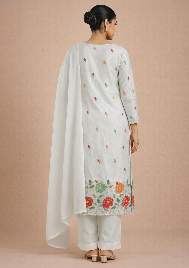 White Embroidered Tissue Kurta Set - Indya
