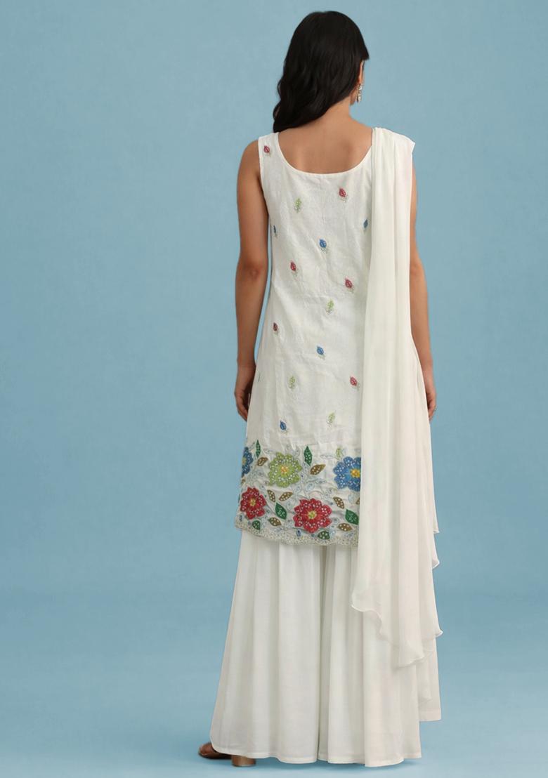 Off White Embroidered Tissue Sharara Set - Indya