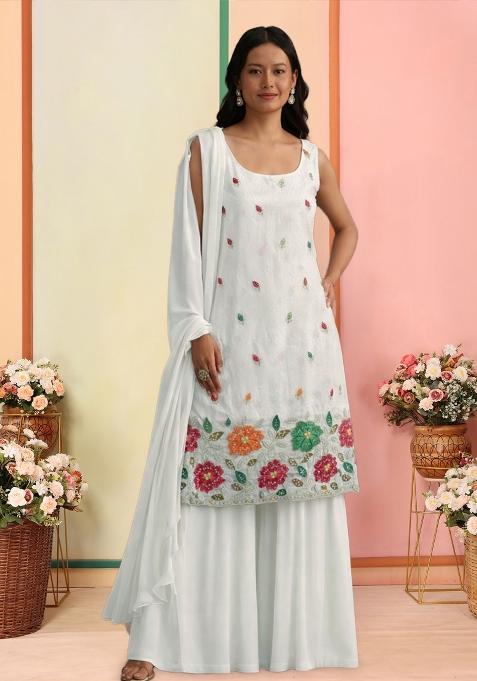 Ivory Embroidered Tissue Sharara Set