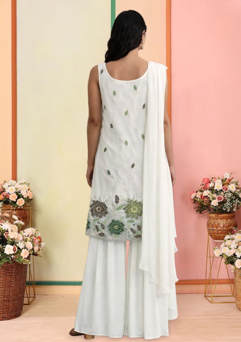 Off White Embroidered Tissue Sharara Set - Indya
