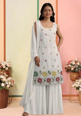 White Embroidered Tissue Sharara Set