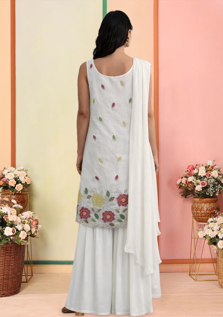 White Embroidered Tissue Sharara Set - Indya