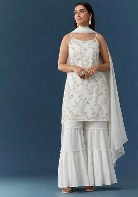 Off White Embroidered Crepe Sharara Set