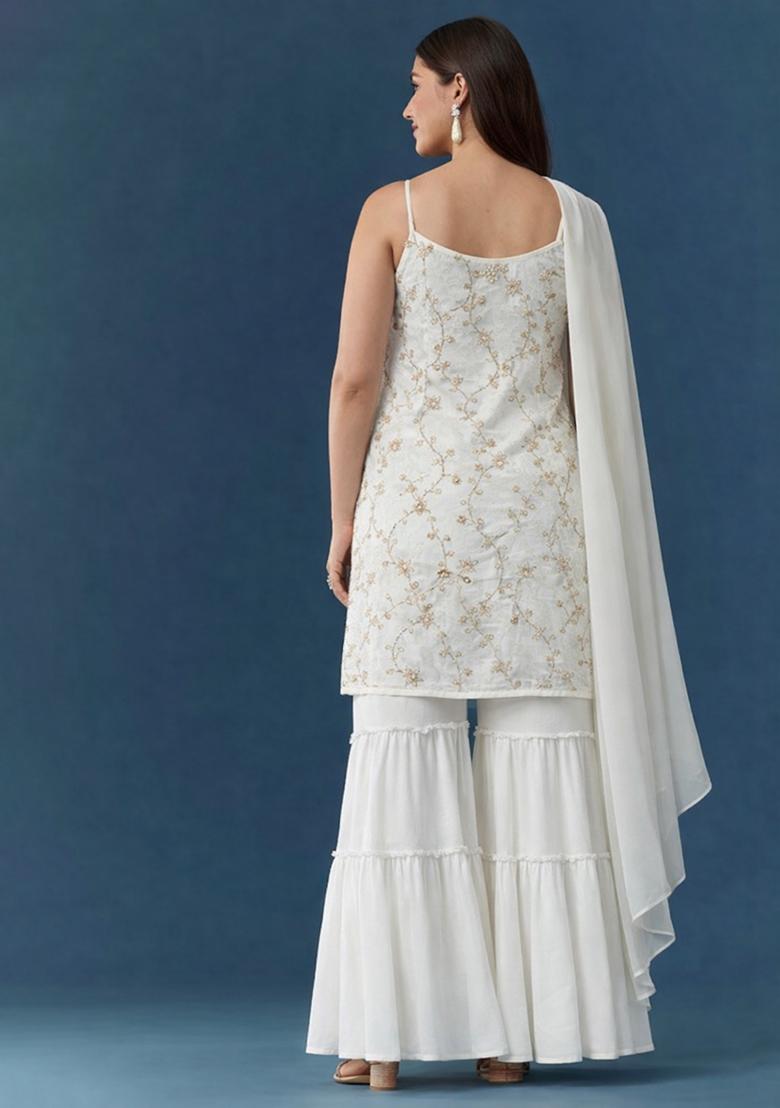 Off White Embroidered Crepe Sharara Set - Indya