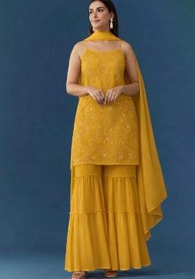 Mustard Yellow Embroidered Crepe Sharara Set