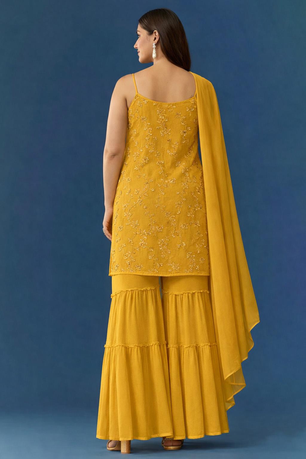 Mustard Yellow Embroidered Crepe Sharara Set - Indya