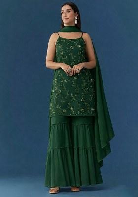 Dark Green Embroidered Crepe Sharara Set